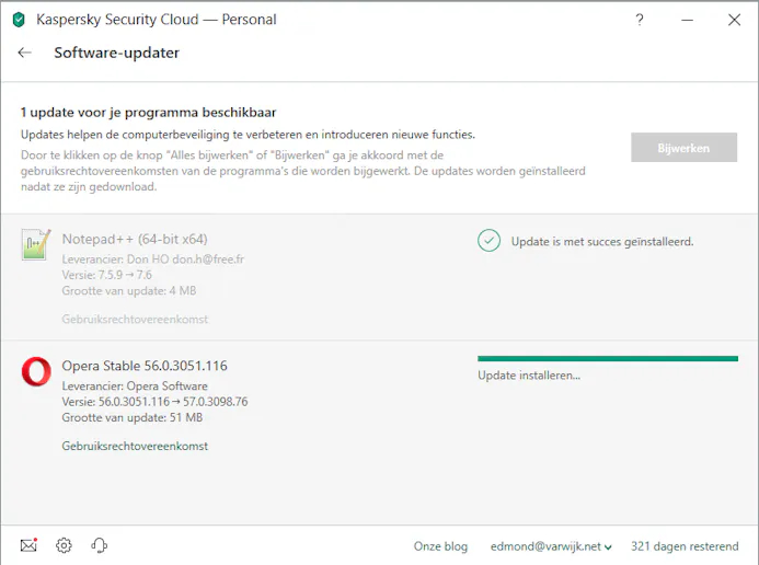 Updates voor geïnstalleerde software worden door Kaspersky Security Cloud gedownload en geïnstalleerd.