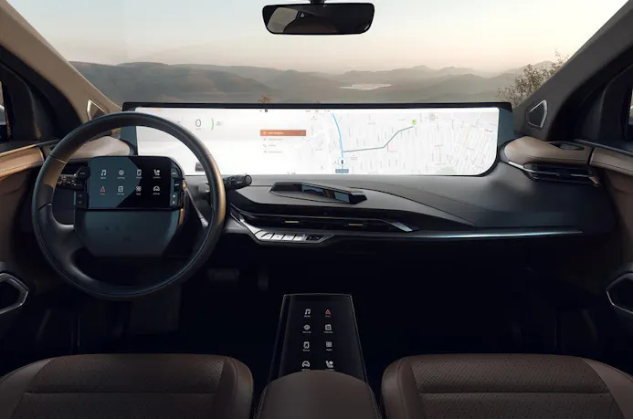 De dashboard van de M-Byte SUV bestaat uit een gigantisch scherm.
