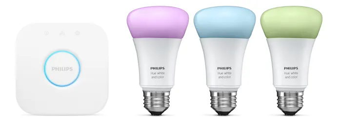 Philips verkoopt verschillende starterssets, onder andere met een bridge en drie kleurenlampen.