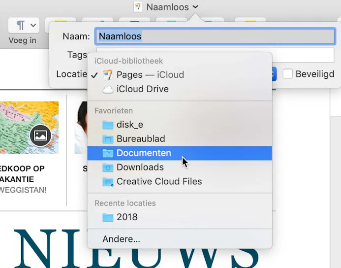 Pas de bestandsnaam en opslaglocatie aan in Pages voor macOS