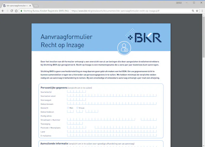 Om je eigen BKR-gegevens in te kunnen zien, dien je dit formulier per post te verzenden.