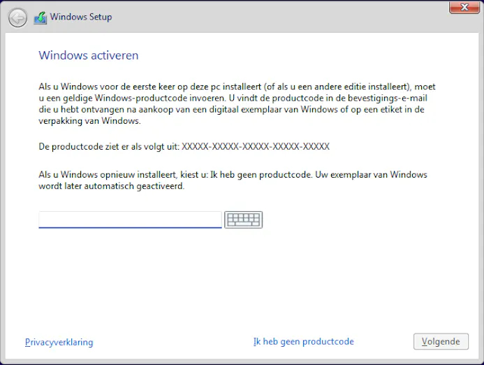Een geldige Windows 7- of Windows 10-productcode wordt hier ook geaccepteerd.