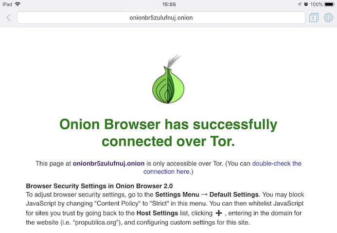 De TOR capabele Onion Browser is geïnitialiseerd en klaar voor gebruik