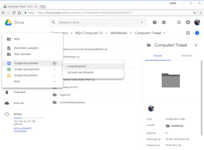 Vanuit Google Drive creëer je rechtstreeks een tekstdocument, spreadsheet of presentatie.
