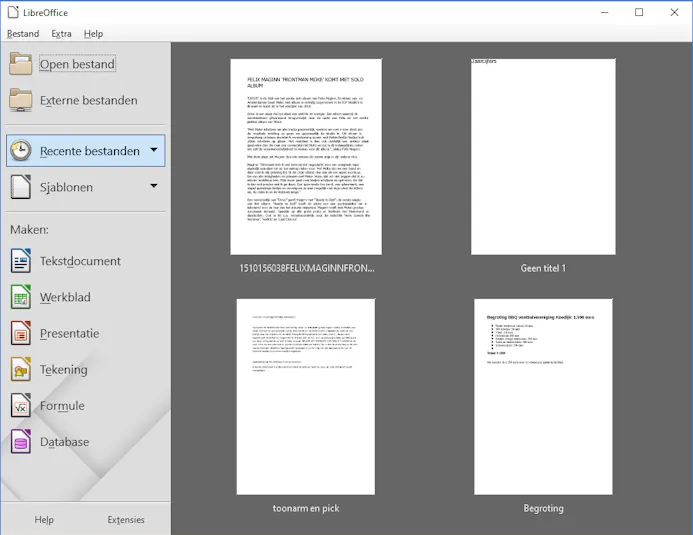 Vanuit het LibreOffice-startscherm open je programma’s en recent geopende bestanden.