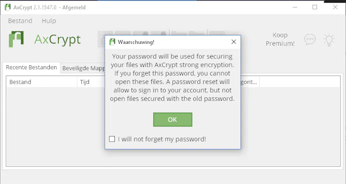 AxCrypt waarschuwt je dat je het wachtwoord absoluut niet mag vergeten.