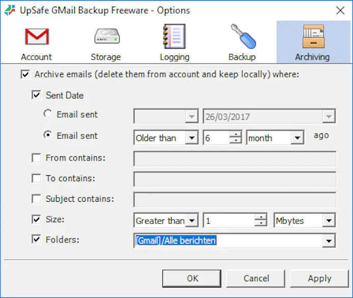 Tip 07 Upsafe Gmail Backup kan bijvoorbeeld oudere berichten online verwijderen.