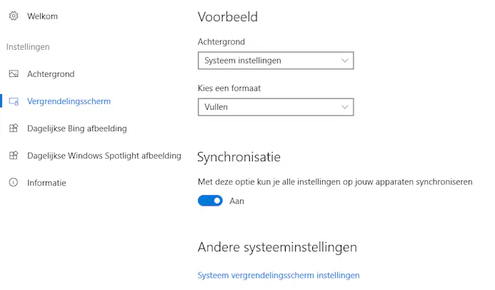 Met de optie Synchronisatie zullen al je Windows-toestellen dezelfde instellingen voor het bureaublad en het vergrendelingsscherm hebben.