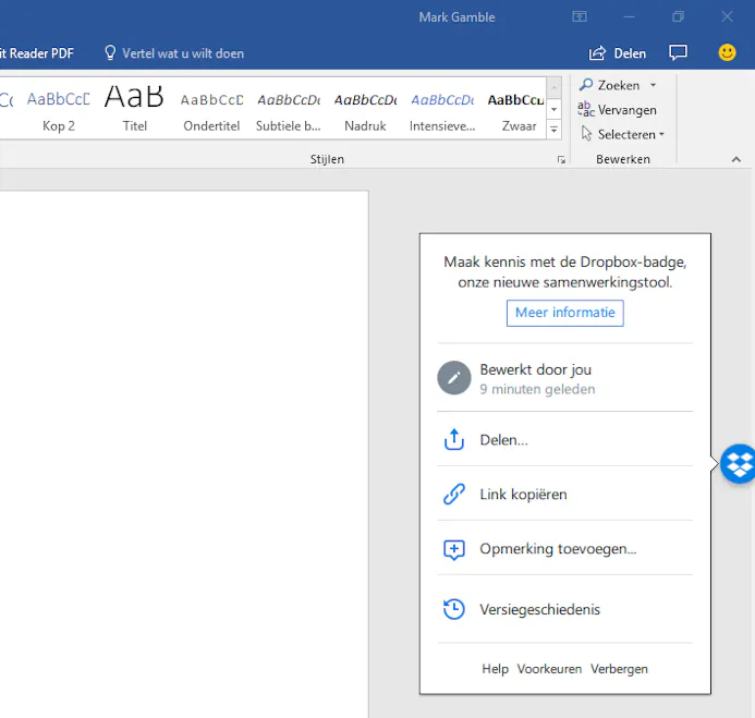 Dropbox kan zichzelf integreren in Microsoft Office.
