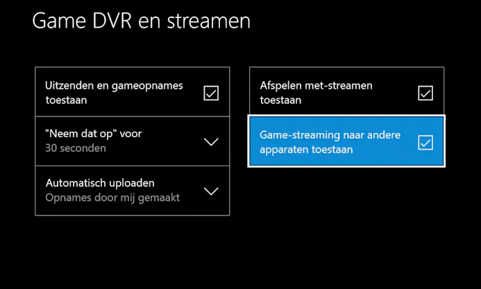 Zorg dat je Xbox One game-streaming en verbindingen van buitenaf toestaat.