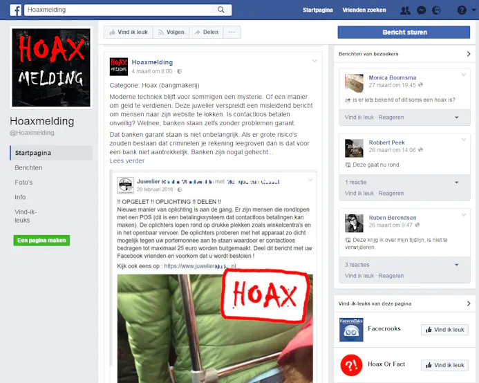 De Nederlandse Facebook-pagina Hoaxmelding probeert gebruikers te waarschuwen voor viraal nepnieuws.