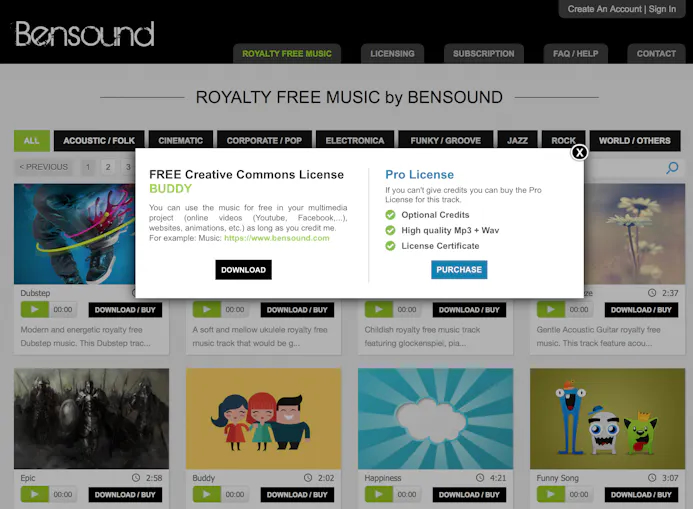 De muziek van Bensound kun je gratis gebruiken als je de naam vermeldt.