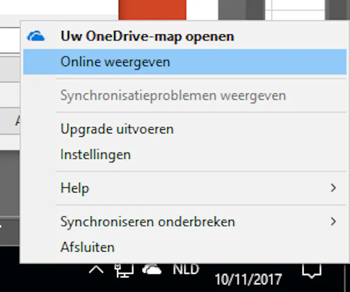 Met de rechtermuisknop kun je de OneDrive-site openen.