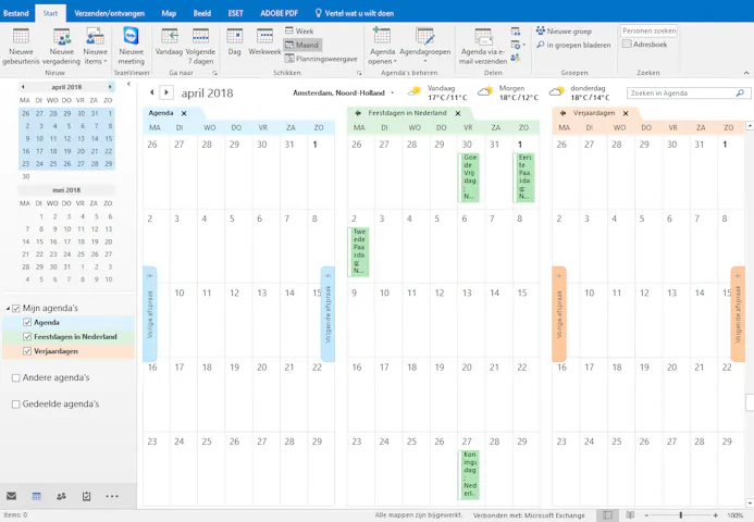 Outlook toont je agenda’s naast elkaar, wat een prima overzicht geeft.