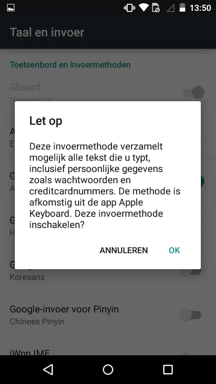 Tip 10 Android waarschuwt je wel voordat je een toetsenbord wilt installeren, wees bewust van het risico als je op OK tikt.