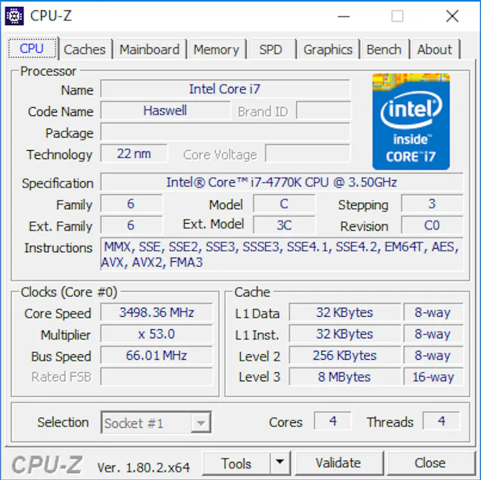 CPU-Z geeft gedetailleerde informatie over de processor weer.