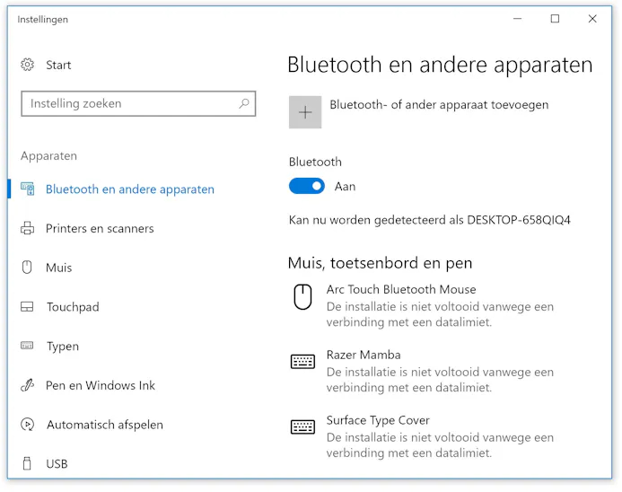 De instellingen voor Bluetooth in Windows 10.