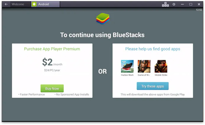 Om de zoveel tijd kun je ervoor kiezen om te upgraden naar een Premium-abonnement of drie apps te laten installeren en BlueStacks verder gratis te gebruiken.