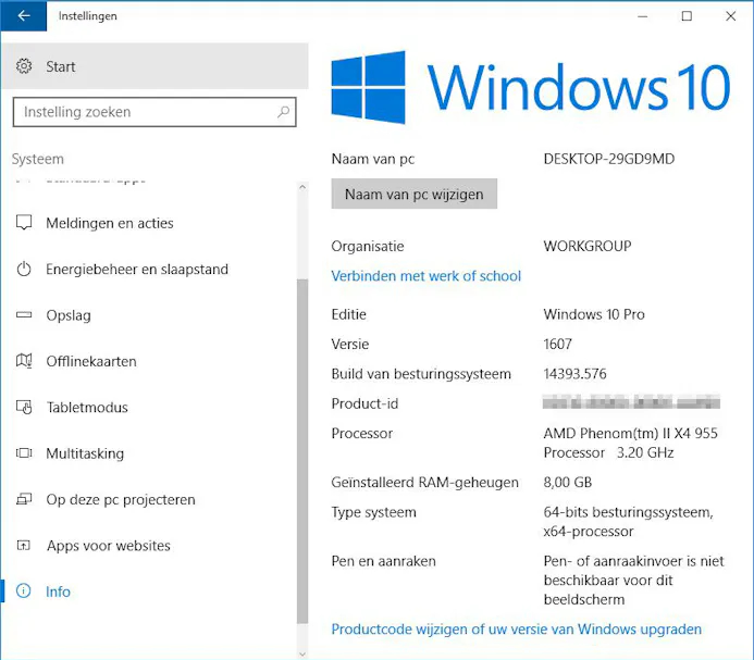 Tip 04 Is Windows 10 al up-to-date? Dan staat bij Versie 1607.