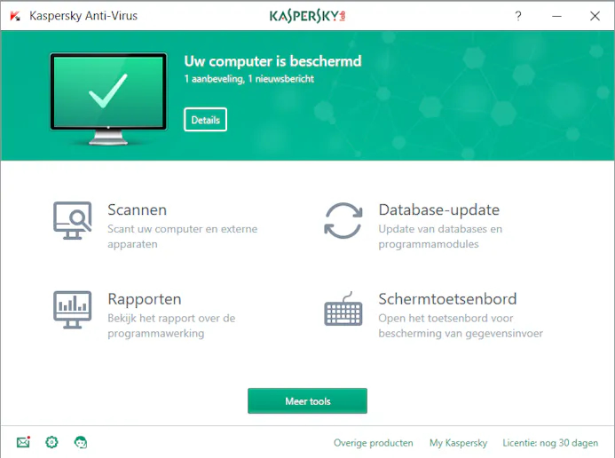 Kaspersky Antivirus biedt beveiliging, rapporten en een schermtoetsenbord.