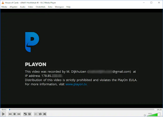 PlayOn voegt aan iedere video je naam, e-mailadres en IP-adres toe om te voorkomen dat je het bestand illegaal verspreidt.