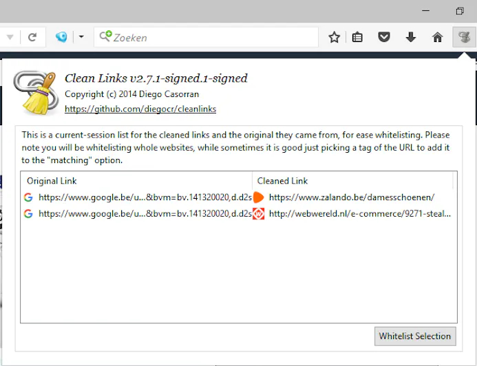 Clean Links toont de omgezette url’s en werkt met een whitelist.