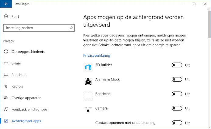 Laat Windows 10-apps niet onnodig in de achtergrond draaien.