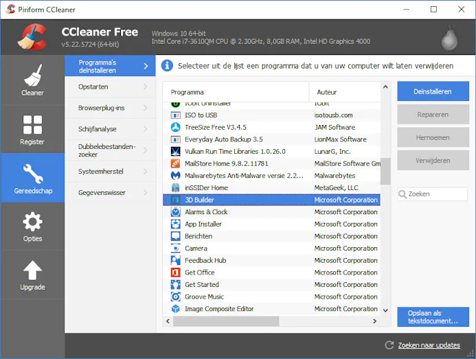 CCleaner heeft een ingebouwde functie om Windows 10-apps te verwijderen.
