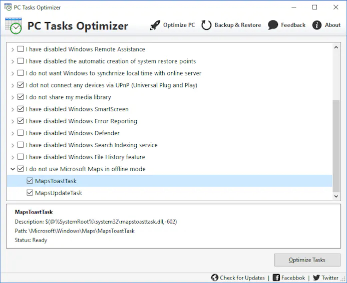 Aan de hand van een lijst met vragen/stellingen past PC Tasks Optimizer de instellingen aan.