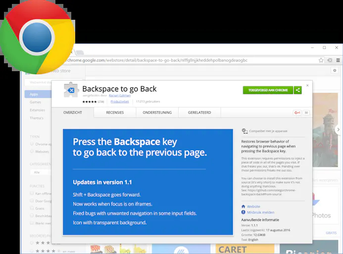 Tip 05 Backspace to go Back geeft de Backspace-knop terug aan Chrome-gebruikers.