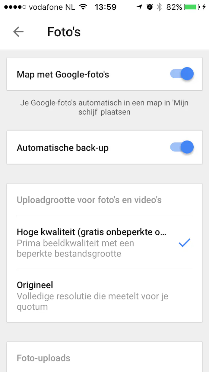 Ook Google Drive heeft een automatische back-upfunctie voor je foto’s.