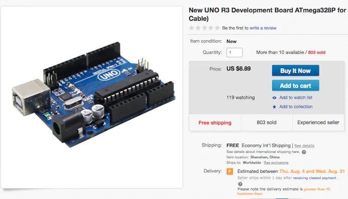 Een kloon of een vervalsing? De naam Uno wordt gebruikt, maar het officiële Arduino-logo is niet te vinden.