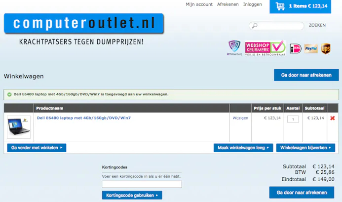 Een webwinkel hoort altijd aan te geven of het bedrag in- of exclusief btw is, zoals ComputerOutlet.nl hier correct doet.