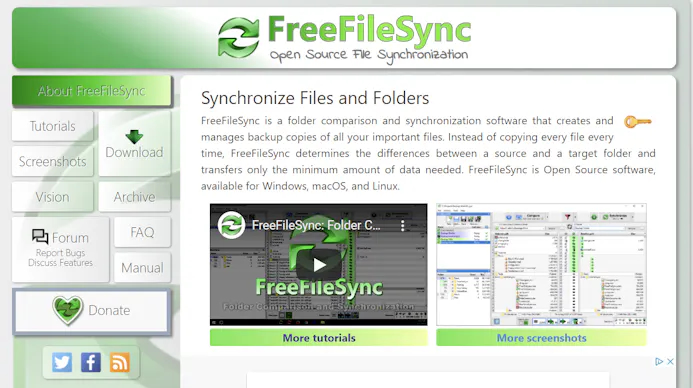 Op de hoofpagina van Free File Sync is de knop Download links bovenin te vinden.