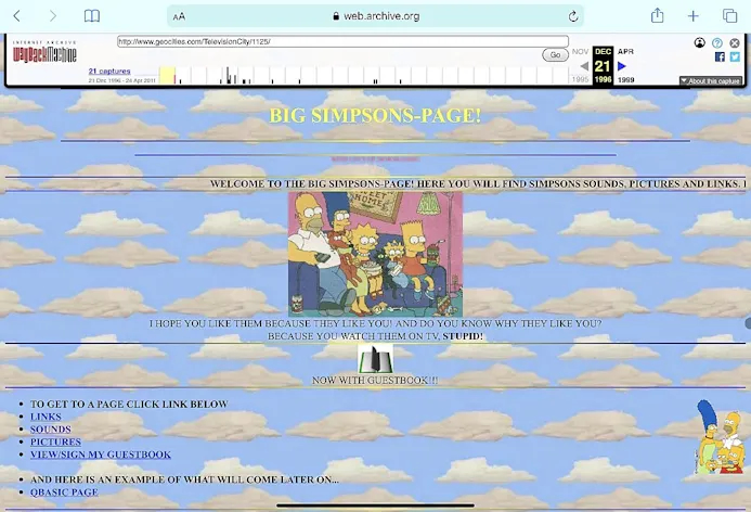 Een snapshot een Geocities-pagina gedateerd kerst 1996, toen de Simpsons – stammend uit 1989 - ook al mateloos populair bleken…