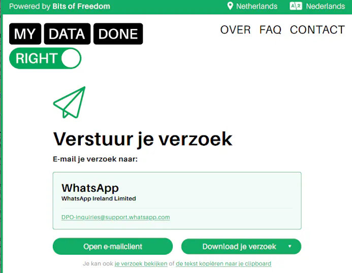 Via de site Mydatadoneright.eu kun je een verzoek genereren om je gegevens bij onder meer WhatsApp op te vragen.
