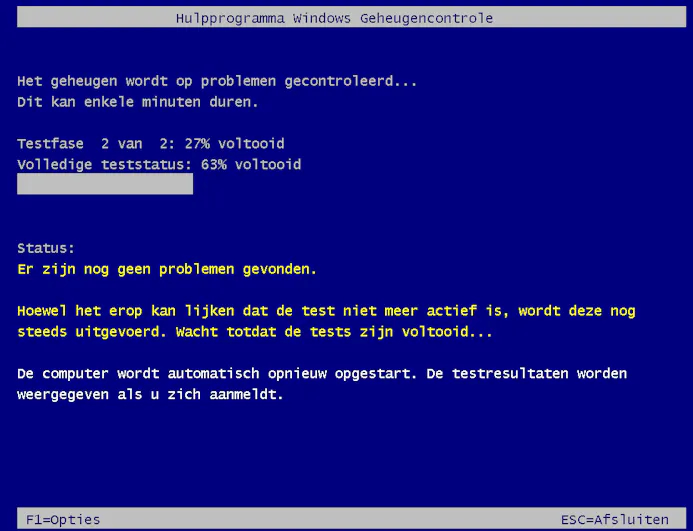 Windows Geheugencontrole is volop bezig.