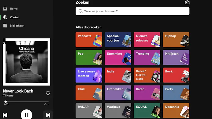 Gebruikersinterface van Spotify, in zoekmodus met genres