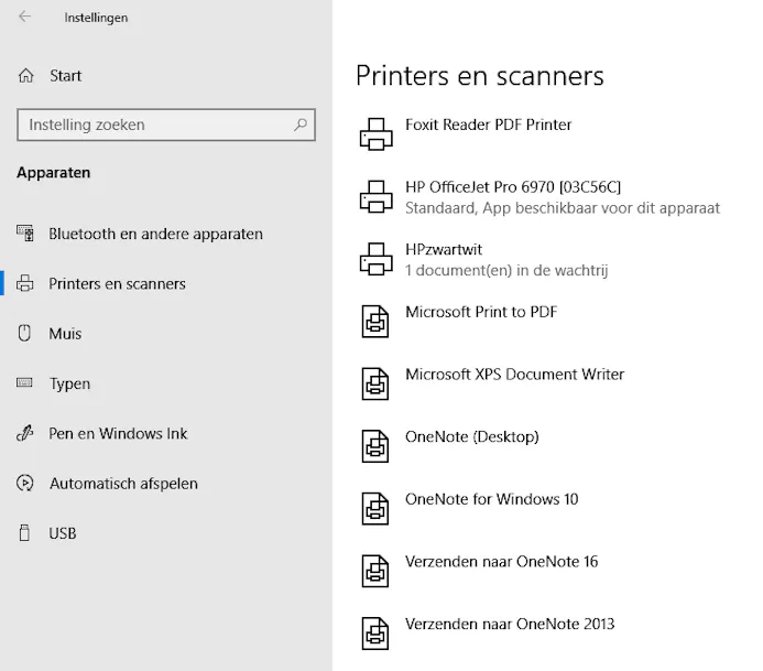 Bij Printers en scanners zie je welke printers er allemaal in jouw netwerk aanwezig zijn.