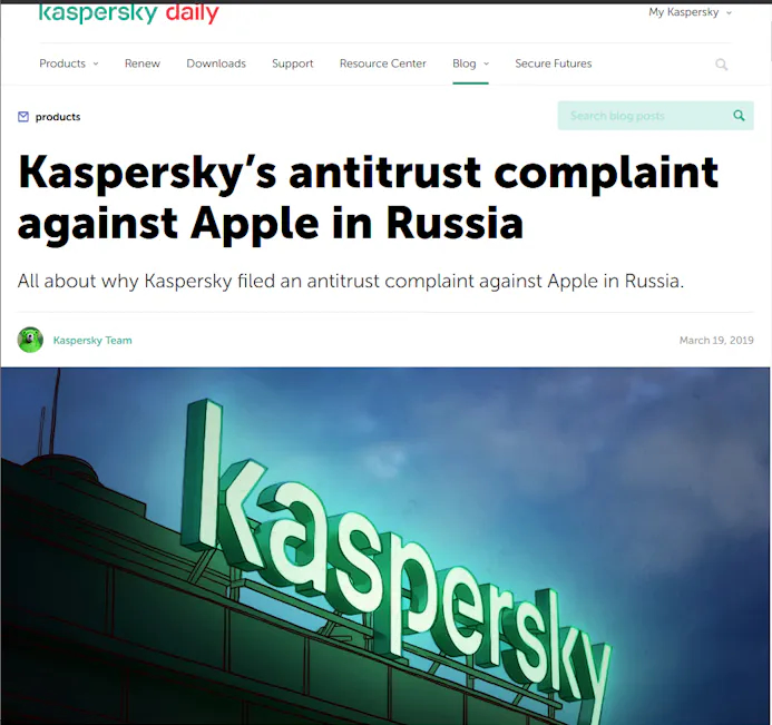 Beveiligingsbedrijf Kaspersky was één van de eerste bedrijven die aan de bel trokken vanwege het machtsmisbruik van Apple in de App Store.