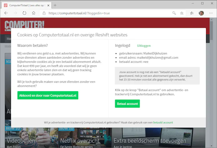 Bezoekers kunnen tegen betaling een advertentievrije versie van Computertotaal.nl gebruiken.