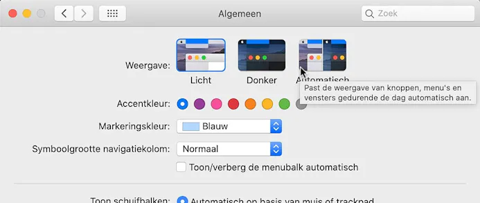 In macOS Catalina is het mogelijk om automatisch tussen lichte en donkere modus te schakelen