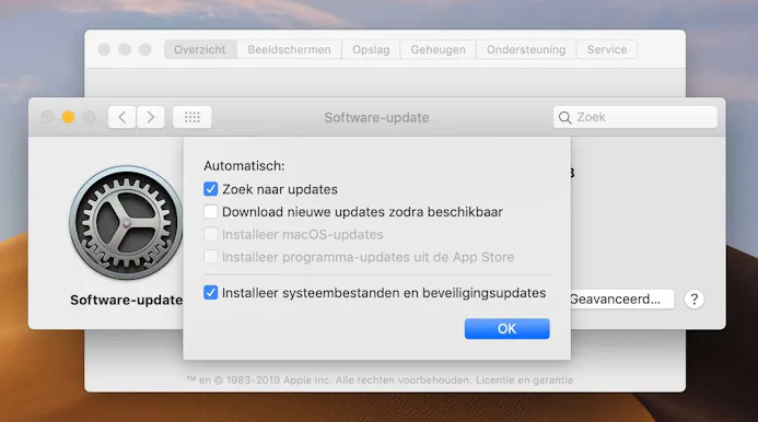 Zorg dat in macOS in ieder geval de optie Installeer systeembestanden en beveiligingsupdates aan staat