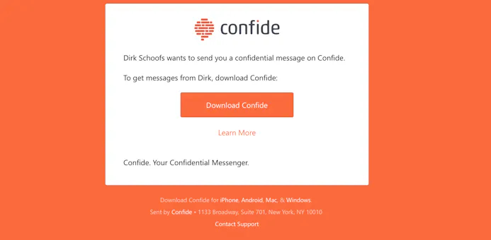Verstuur je een bericht naar iemand zonder Confide, dan ontvangt diegene een link om het programma te downloaden.