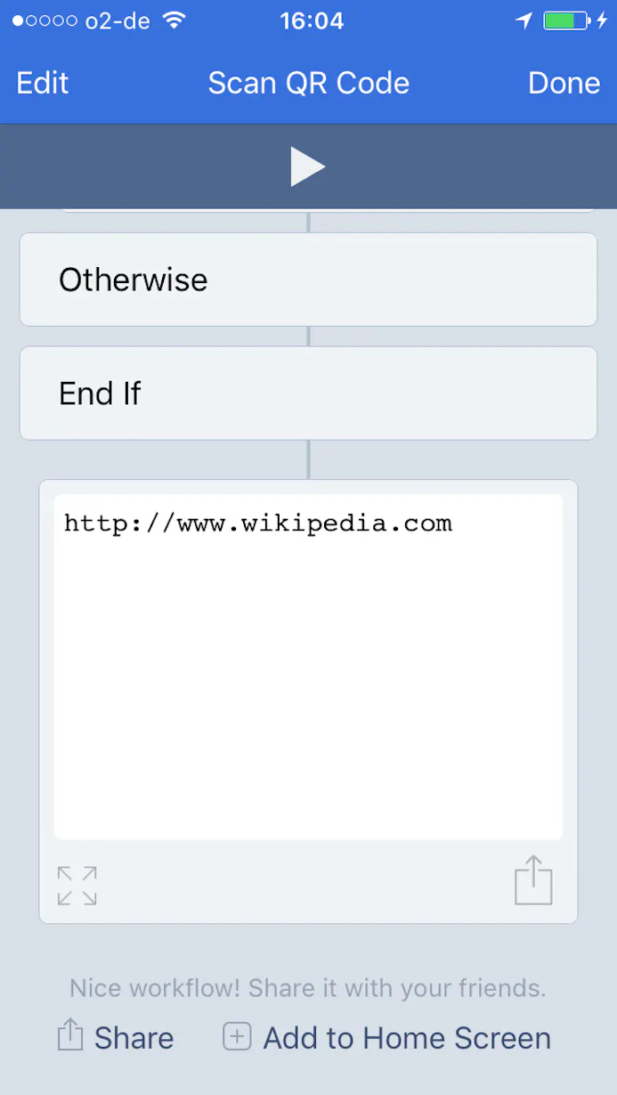 De koppeling wordt meteen geopend, in Workflow wordt de url weergegeven.
