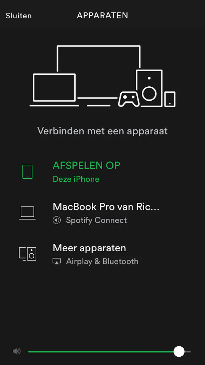 Spotify Connect-apparaten zijn bijvoorbeeld je MacBook waarbij je ook op Spotify bent aangemeld.