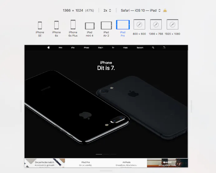 De adaptieve ontwerpmodus laat je zien hoe je website erop een iPad uitziet.