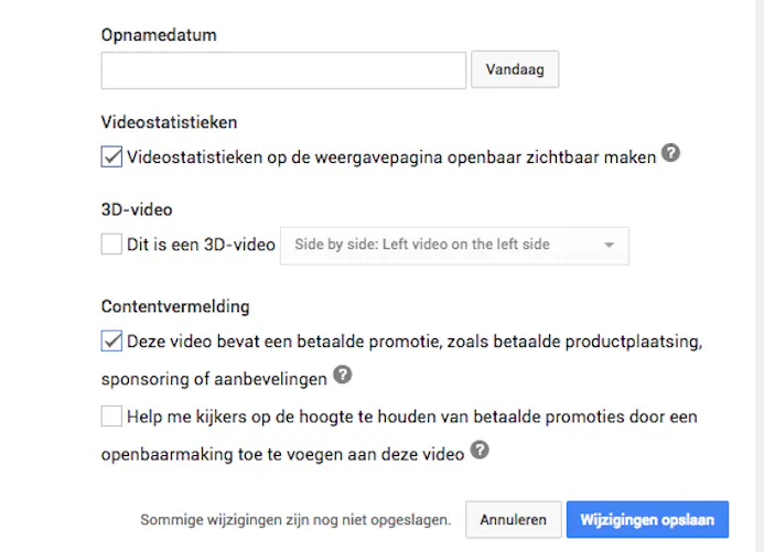 Laat YouTube weten dat je video gesponsorde content bevat of betaalde promotie is.