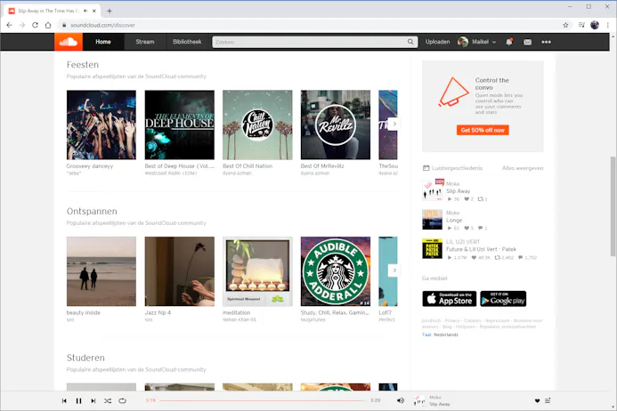SoundCloud schotelt je diverse afspeellijsten rondom bepaalde thema’s voor, zoals feesten, ontspannen en studeren.