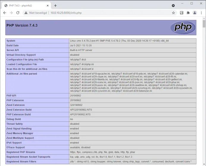 Een informatiescript laat zien welke php-modules zijn geïnstalleerd.